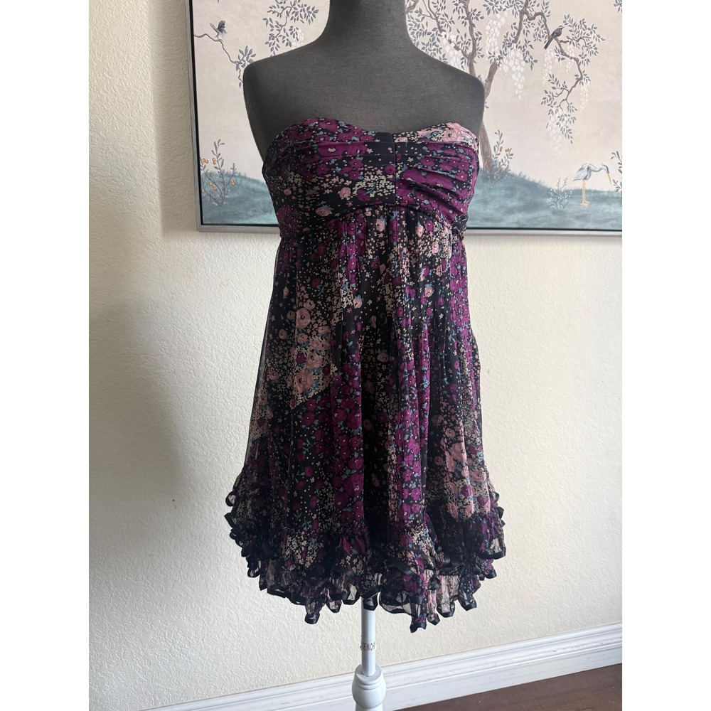 Betsy Johnson Purple Floral Strapless Ruffle Mini Dress Smocked Back Sweetheart
